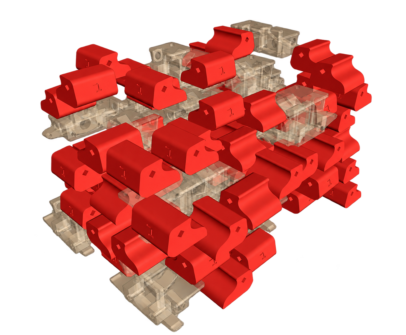 Mixed red and translucent tan mechanical parts packed together in a three-dimensional nesting example